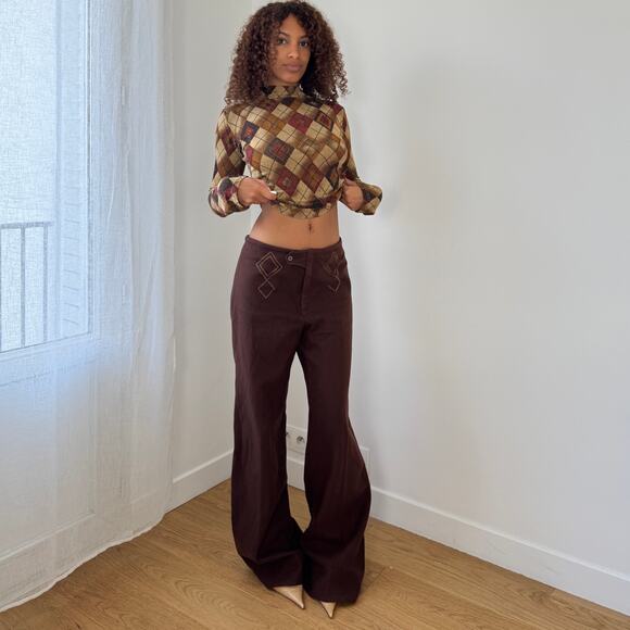 Vintage Italian chocolate brown wide-leg trousers with embroidered details (S/M) - Picture 5 of 10